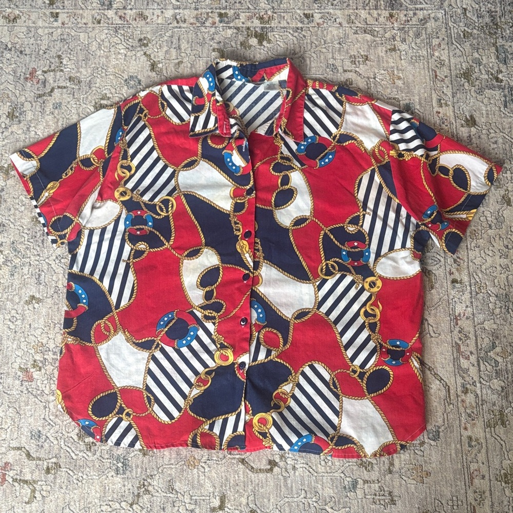 EUC Vintage Nautical Print Short Sleeved Button-Up Shirt ⚓️